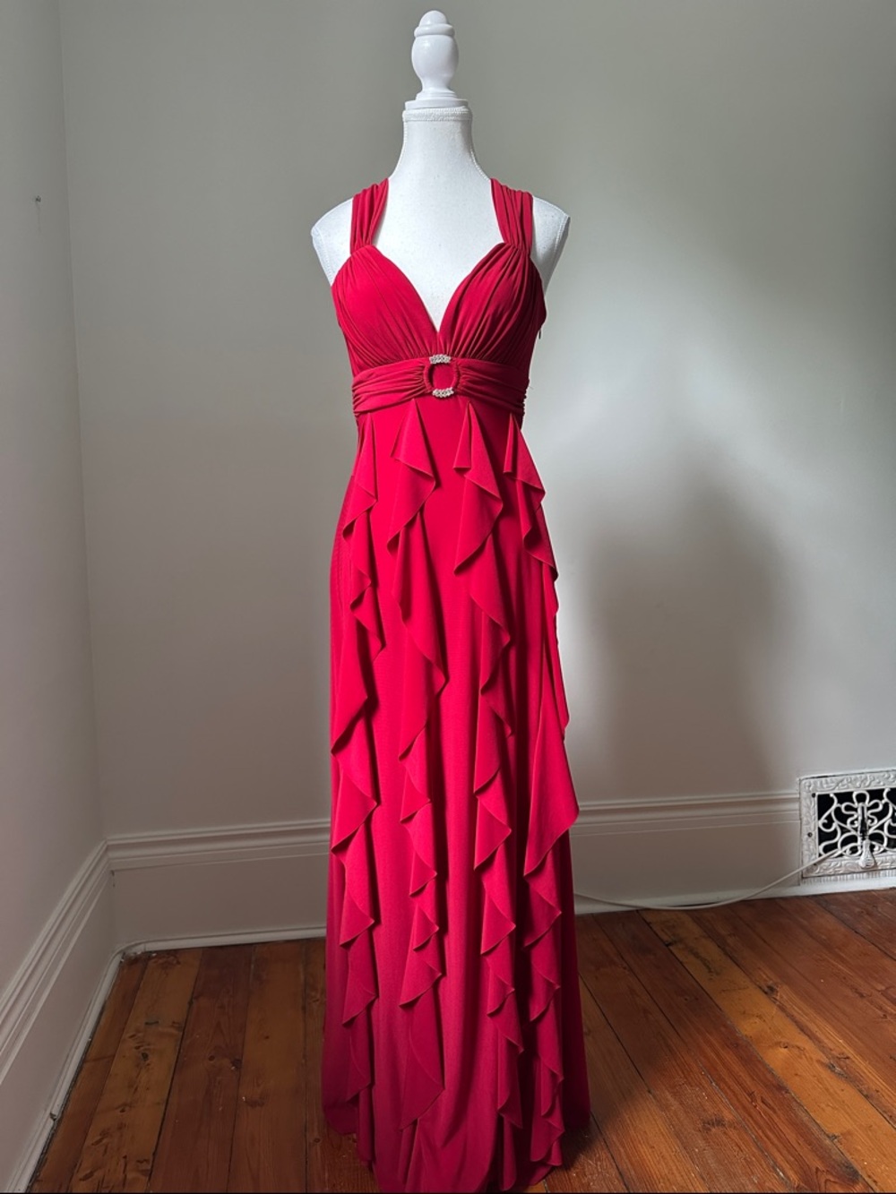 BETSY & ADAM Vintage Red Halter Ruffle Wedding Romantic Sexy Maxi Dress Sz 6